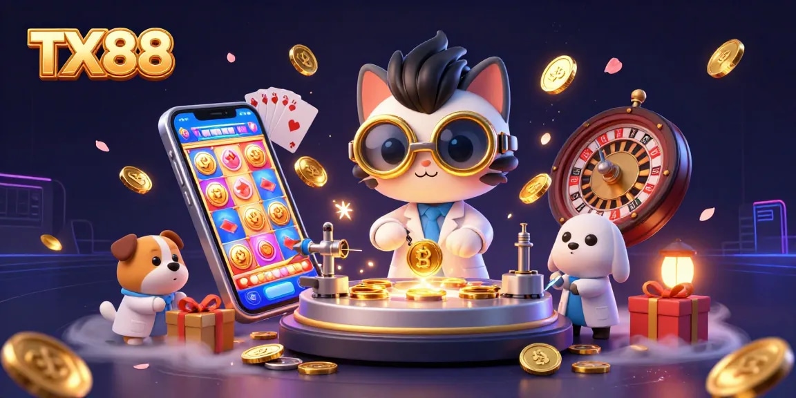 Experience thrilling gaming at TX88 with vibrant slot games, golden coins, and engaging characters.