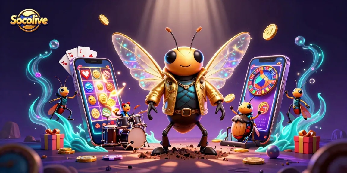 Socolive brings excitement with a 3D cicada rock star performance amid vibrant gambling elements.