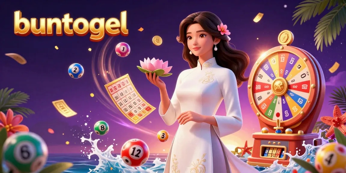 Buntogel offers exciting lottery visuals with colorful balls and dynamic prize elements in an engaging setting.