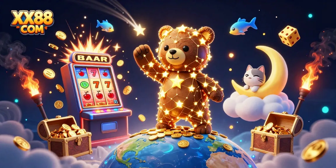 Experience exciting wins at XX88 COM with a colorful scene of vibrant casino games and lucky symbols.