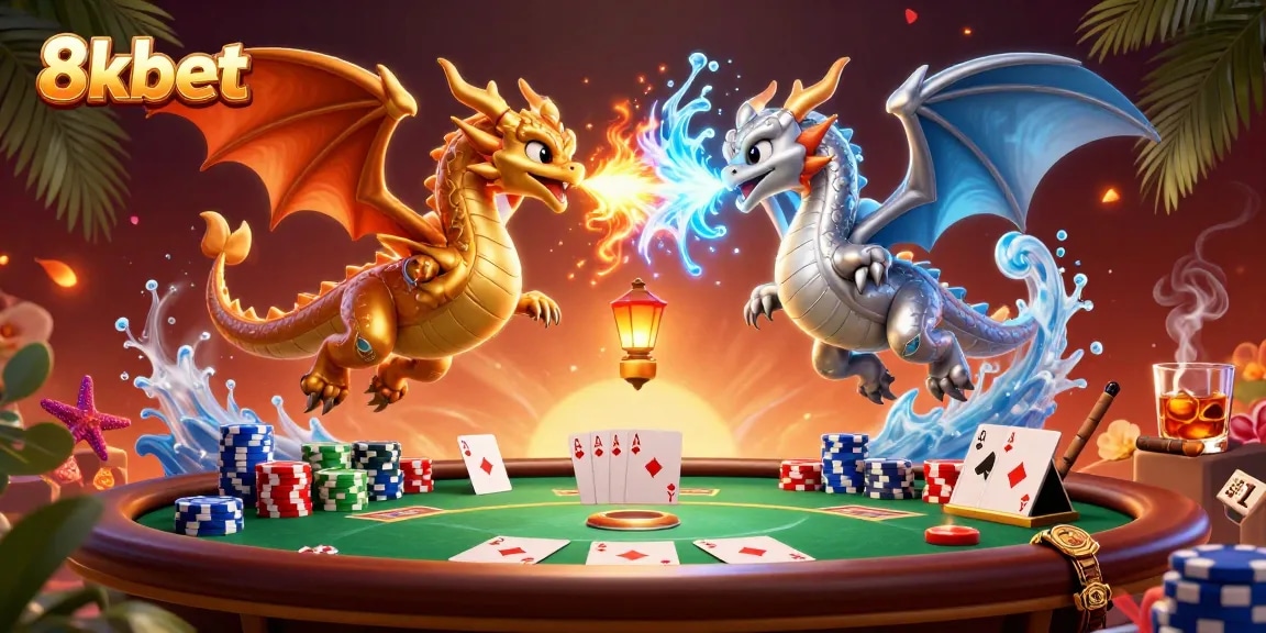 Engage in thrilling gameplay at 8kbet with a dynamic poker scene featuring dragons and poker elements.