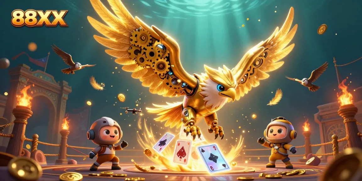 Experience thrilling gaming action at 88XX with a cybernetic eagle amidst colorful holographic cards and gold.