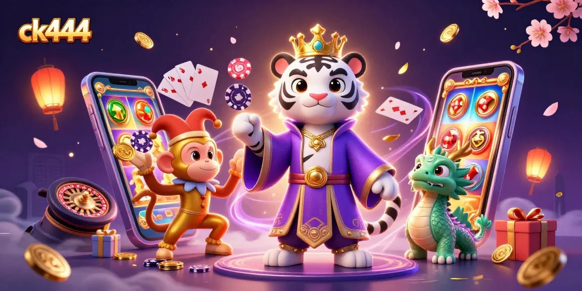 Experience thrilling games with ck444 featuring an elegant tiger, playful monkey, and jade dragon amidst vibrant casino elements.