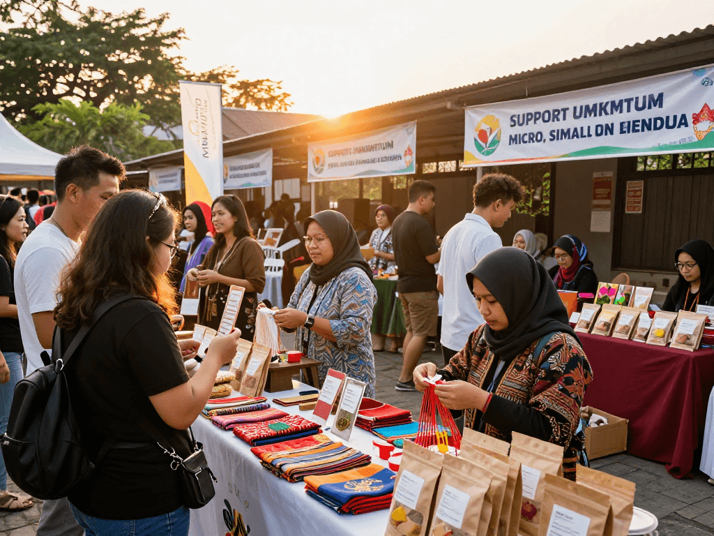 Shoppers engaging with local products at ROKOK88 market, highlighting support for Indonesia's UMKM.
