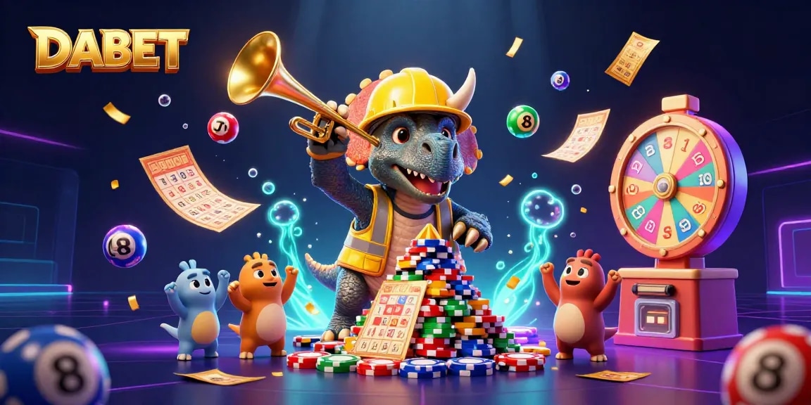 DABET engages players with a festive atmosphere of jackpots and lotteries featuring vibrant colors and cheerful characters.