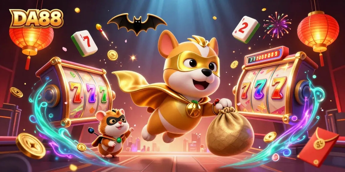 Experience the excitement of DA88 with a superhero dog and hamster amidst vibrant casino elements.