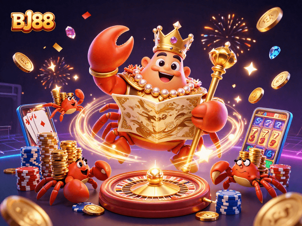 Experience thrilling gameplay at BJ88 with a dynamic scene of a golden crab emperor and vibrant casino elements.