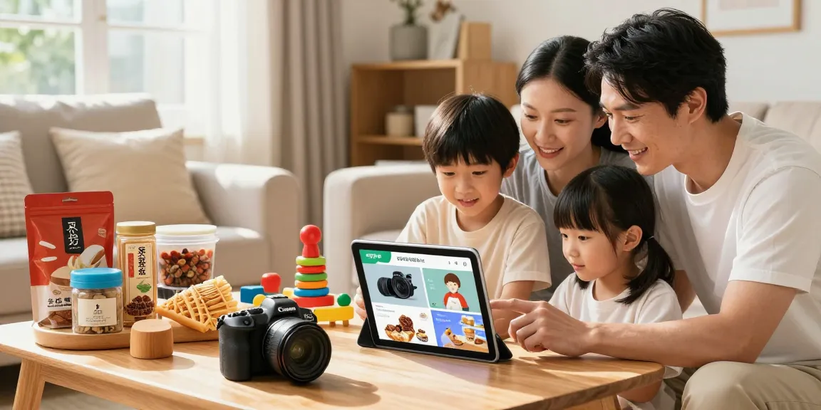 Family enjoying ROKOK88 e-commerce platform in a cozy living room, surrounded by local products.