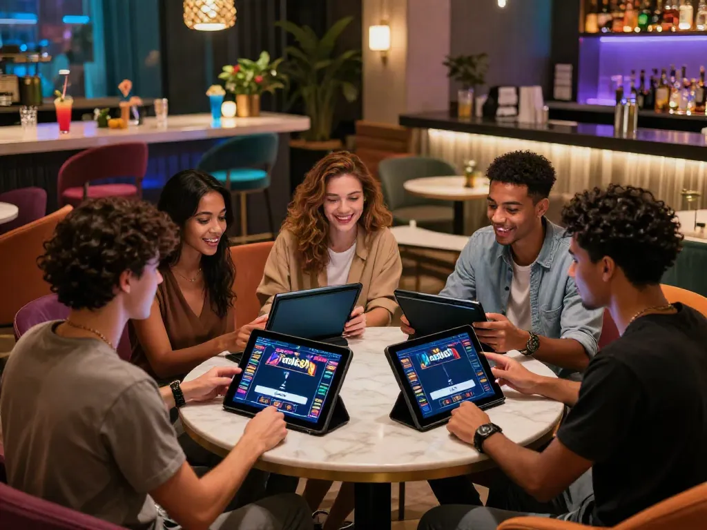 Friends engaging with rokok88 login in a stylish lounge, showcasing vibrant social gambling atmosphere.