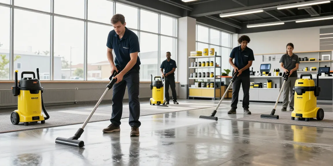 Attività di pulizia professionale con attrezzature Kärcher in un ambiente commerciale luminoso.