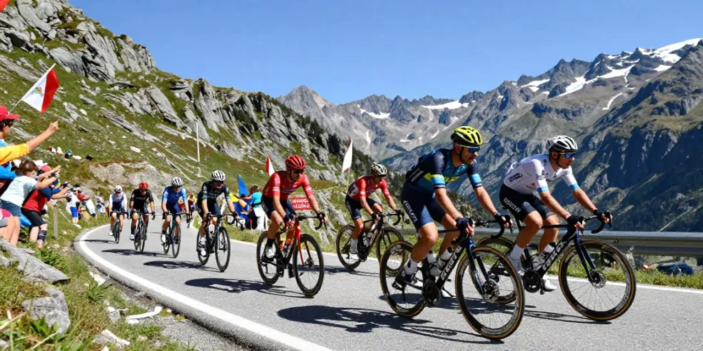 La scena del ciclismo italiano con ciclisti in corsa su un percorso montano affollato durante una gara.