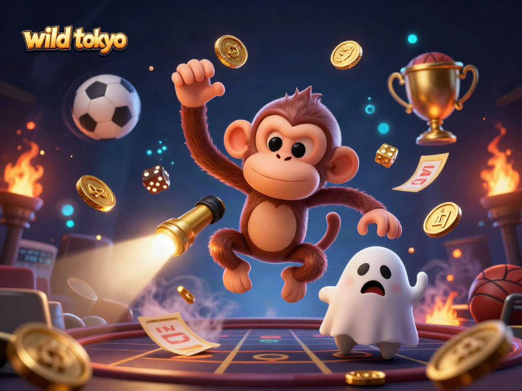 Wild Tokyo casino scene with a mischievous monkey and ghost-hunter puppy tracking golden treasures.
