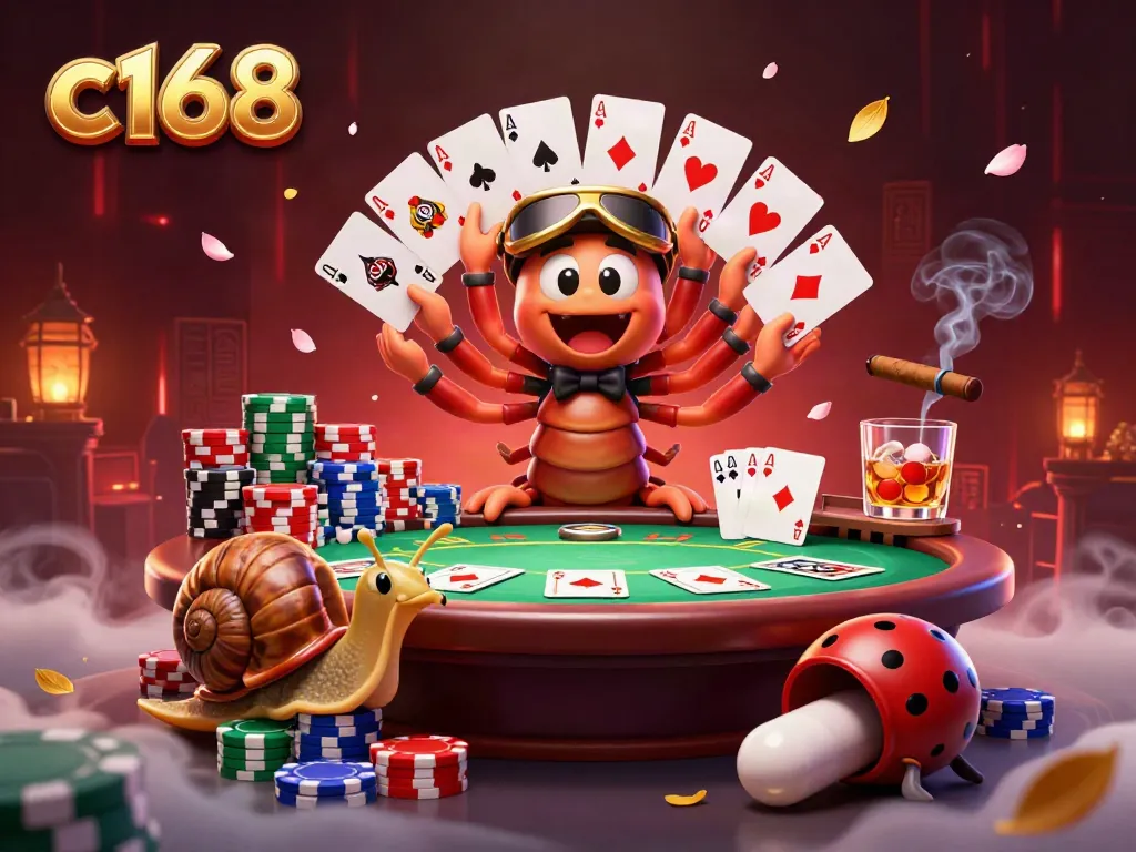 Experience c168 gaming vibes with a 3D cartoon millipede dealer and colorful poker elements.