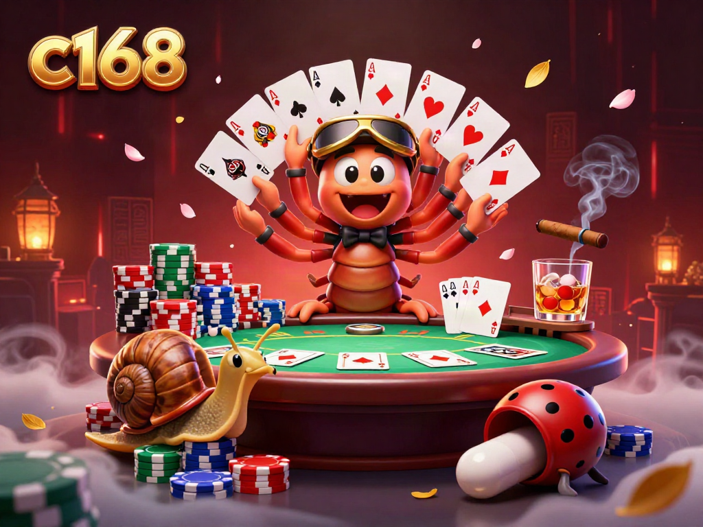 Experience c168 gaming vibes with a 3D cartoon millipede dealer and colorful poker elements.