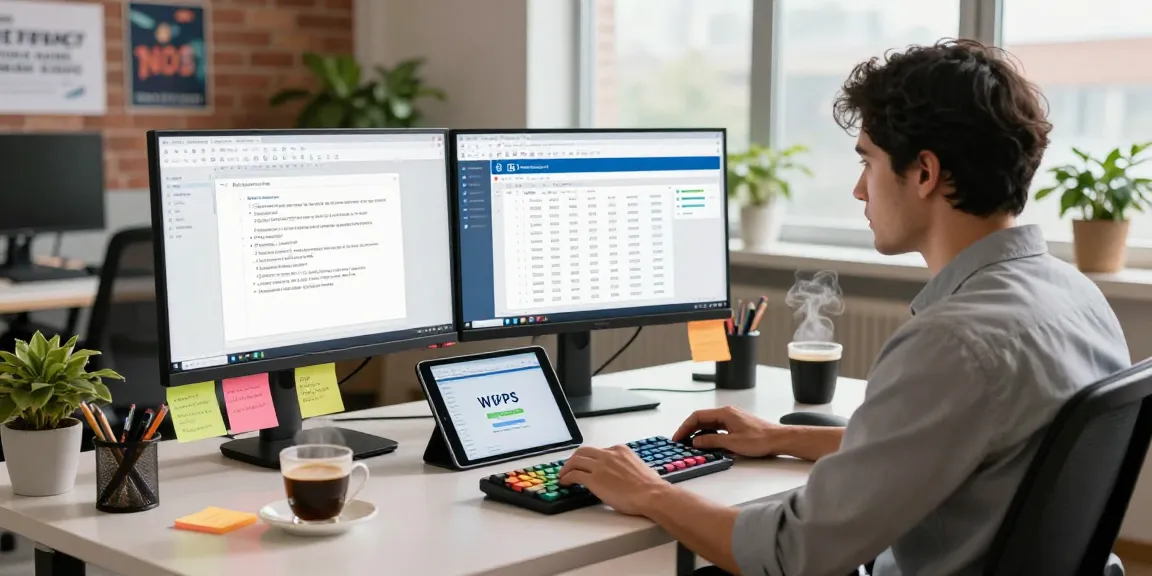 WPS Download in a vibrant workspace with a programmer focused on dual monitors and productivity tools.