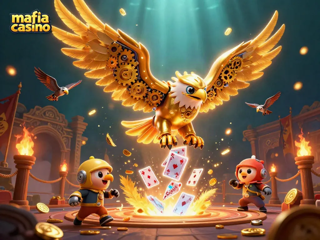 Experience thrilling moments at mafia casino with a golden eagle soaring through a vibrant gaming scene.
