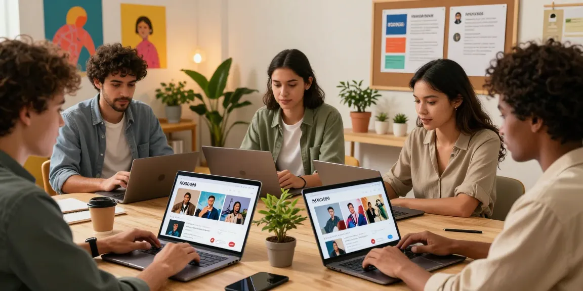 Engaged users exploring innovative features on ROKOK88 digital platform in a vibrant workspace.