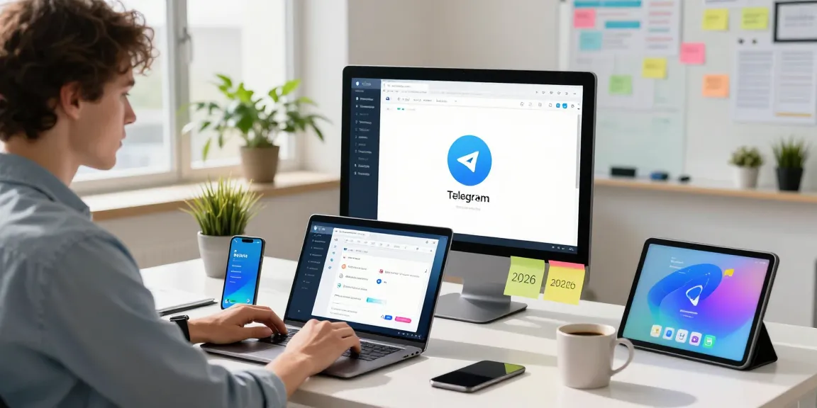 Professional user engaging with Telegram Web Version in a modern workspace, showcasing tech productivity.