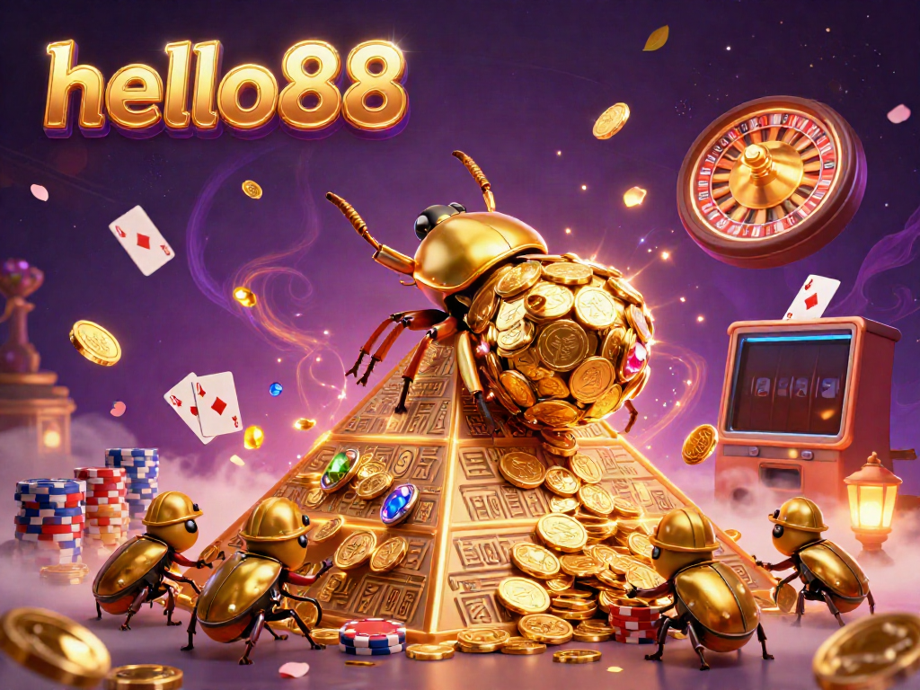 Experience the excitement of hello88 with golden coins cascading around a cartoon beetle rolling coins, showcasing rich casino elements.
