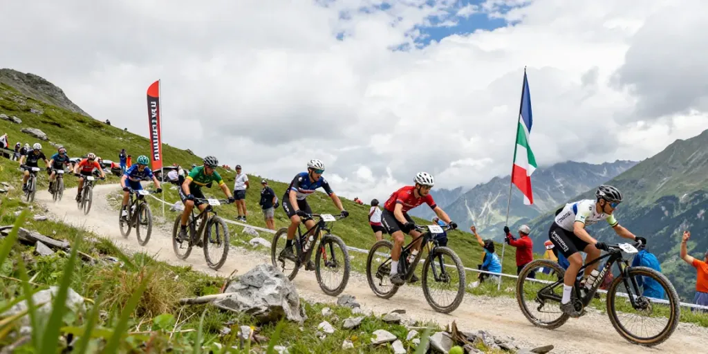 Exciting mountain biking competition at the 2026 MTB World Championships, showcasing ciclismo italiano.