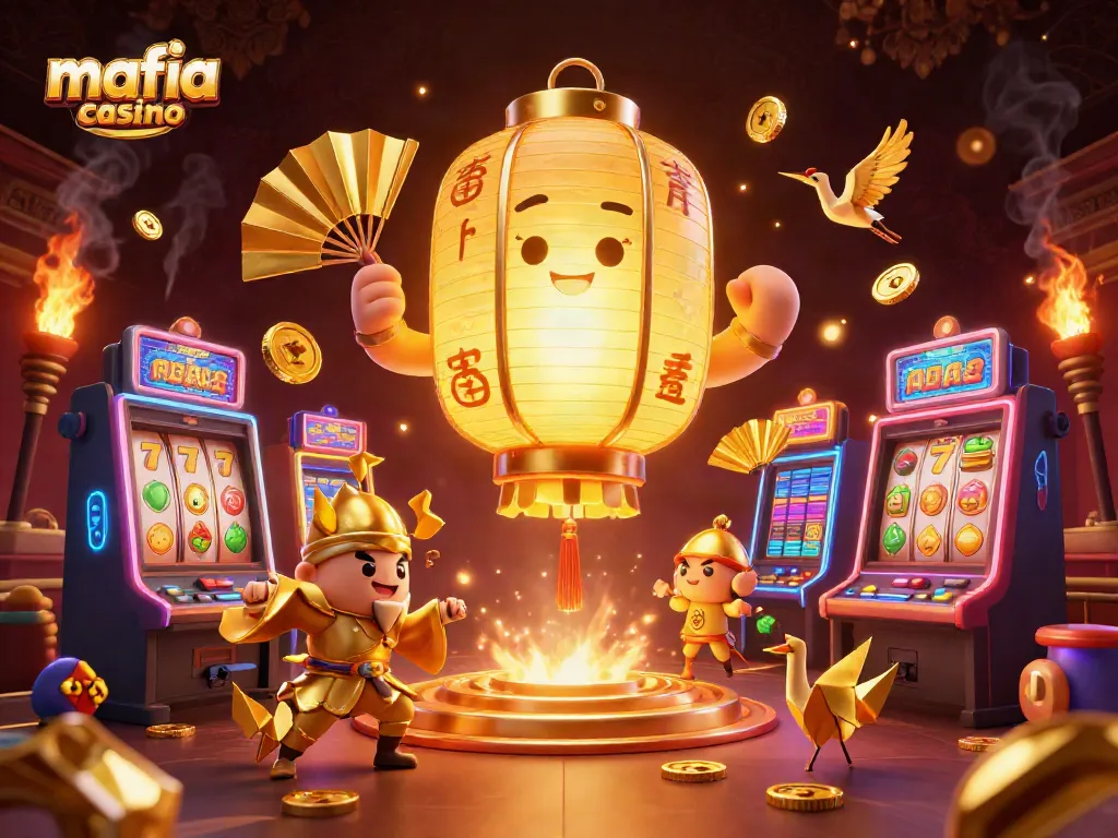 Mafia casino themed illustration featuring a glowing lantern spirit with colorful slot machines in action.