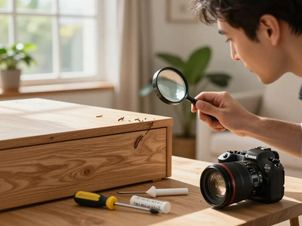 Ispezionando il legno per eliminare tarli con strumenti in un accogliente ambiente domestico.