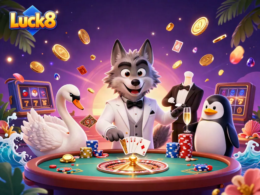 Luck8 showcases an exciting casino scene with a debonair wolf, swan dealer, and penguin sommelier celebrating wins.