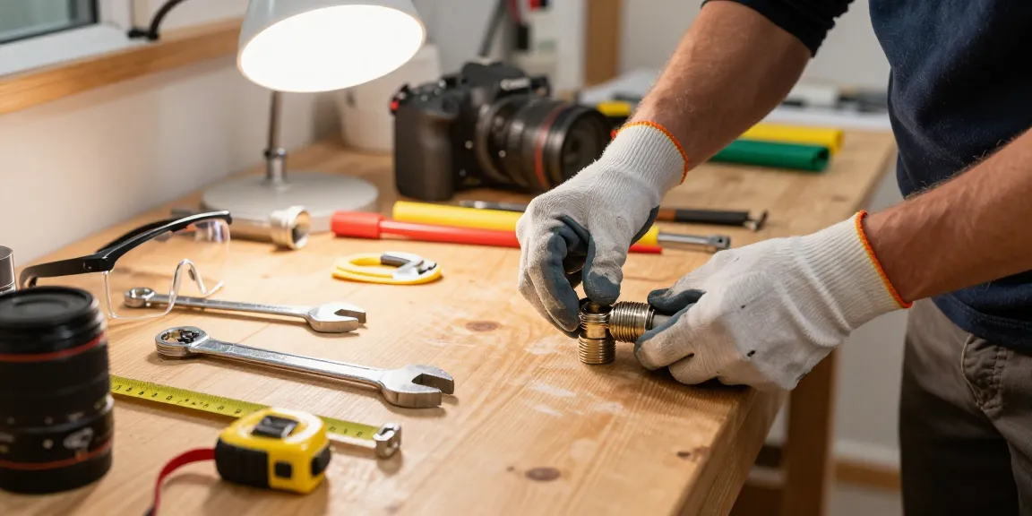 Applicazione del nastro idraulico su tubi, ambiente di lavoro ben illuminato con attrezzi e materiali.