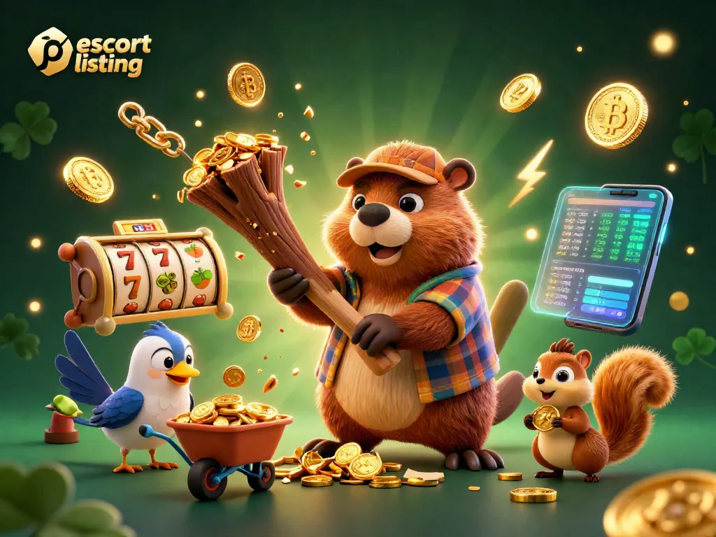 Engage with dynamic escort listing scene featuring vibrant casino elements and playful characters.