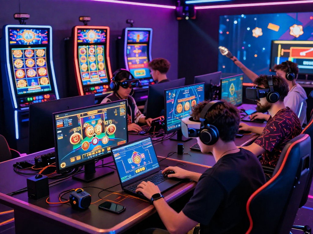 Engaged players enjoying a crypto casino experience, with neon lights and digital games.