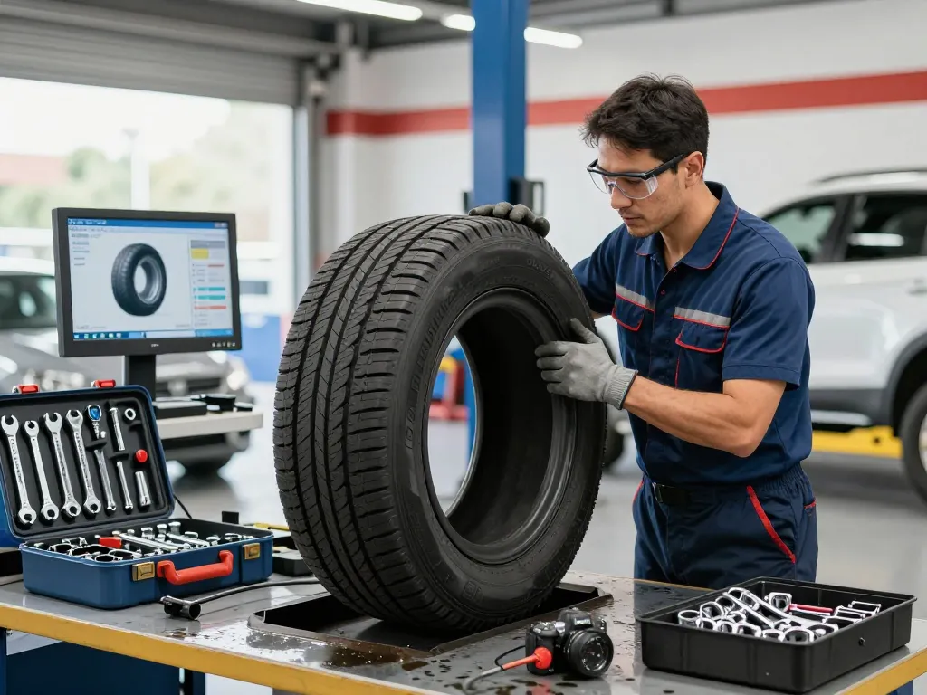 Technician inspecting Double Coin RR99 tire in automotive garage setting, showcasing equipment and tools for tire performance analysis.