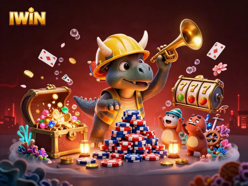 Experience thrilling gaming action with IWIN as a triceratops and friends celebrate big wins!