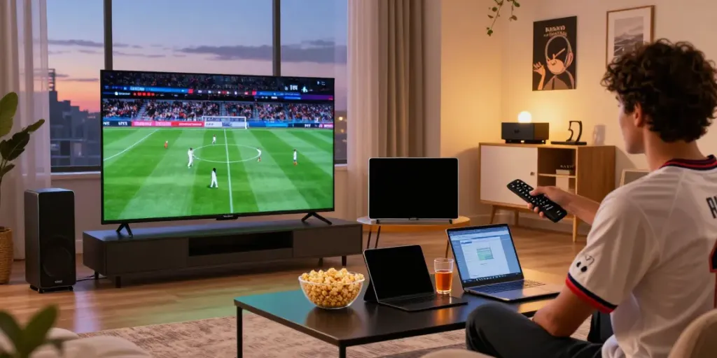 Miglior IPTV streaming scene with a person enjoying sports on a large TV, surrounded by devices and snacks.