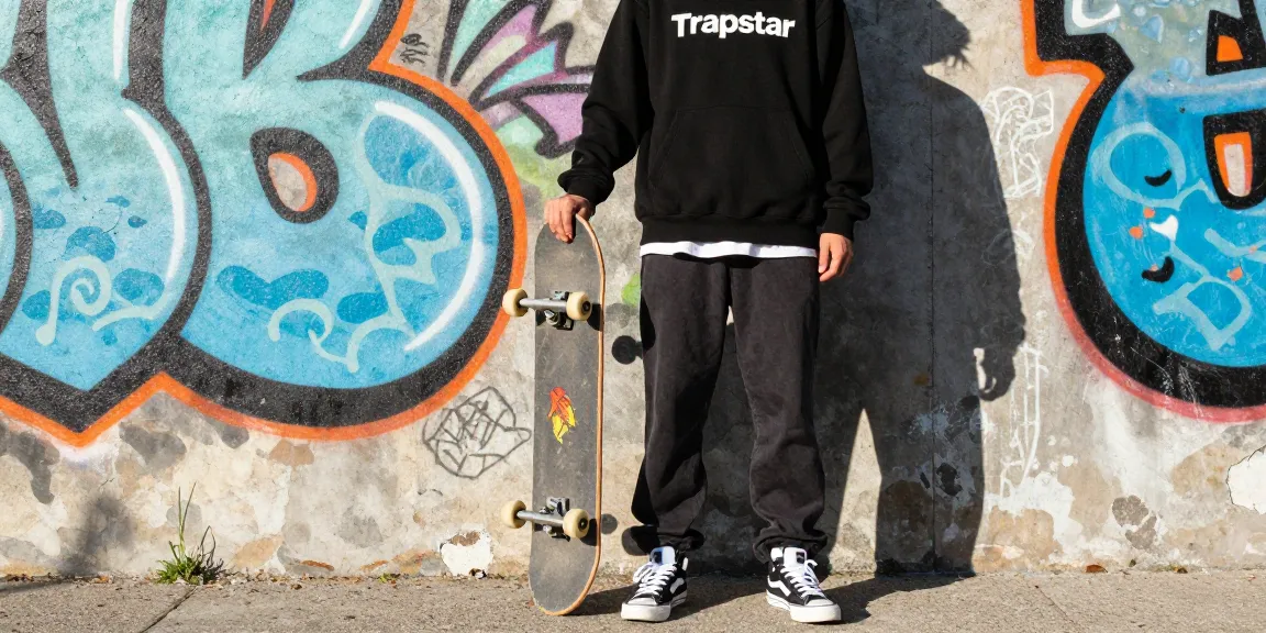 Una persona in Trapstar Felpa posa con skateboard in un contesto urbano vibrante.