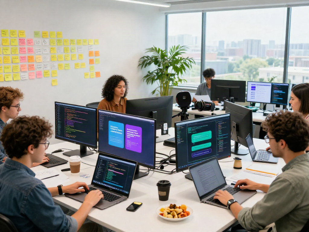 Group of developers brainstorming spicy chat AI features in a bright modern office, showcasing collaboration.