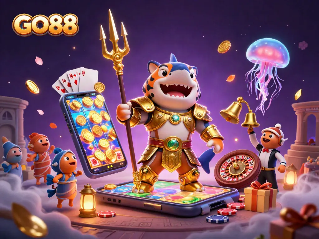 Engage in vibrant GO88 casino adventures with a golden gladiator shark and dynamic gambling elements.