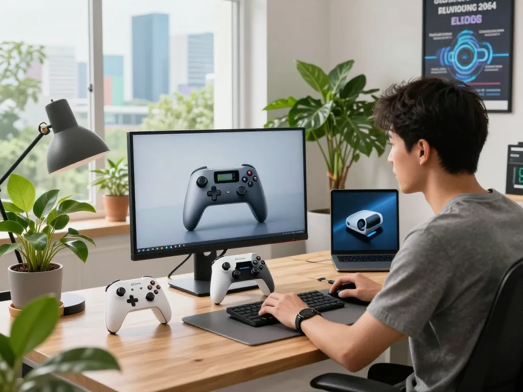 Exploring the top 10 tech gadgets 2064 in a modern tech workspace with dynamic lighting and innovative devices.