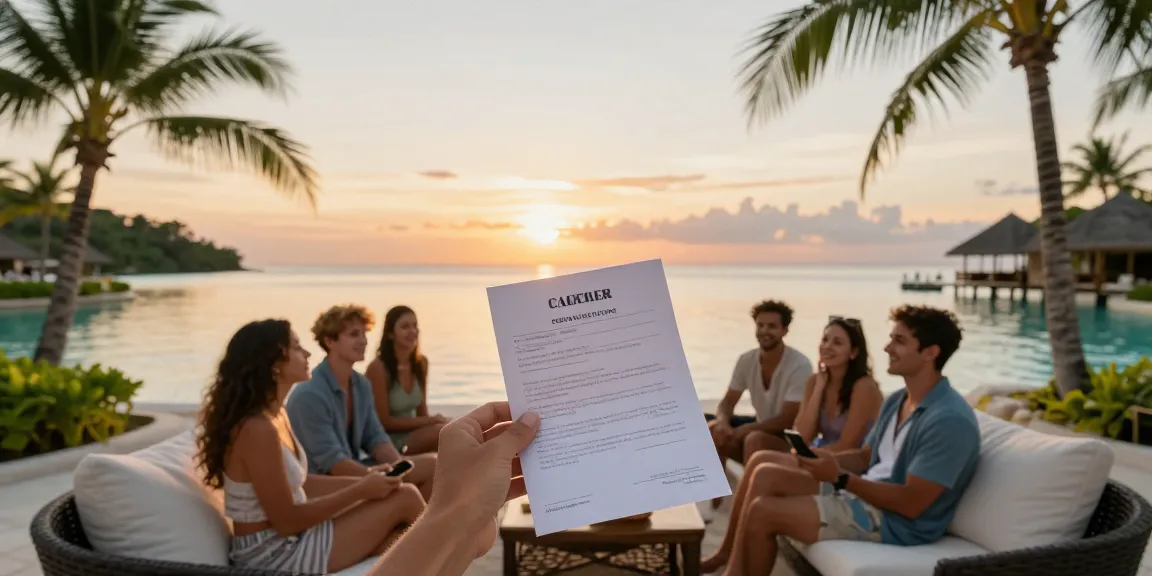 Happy travelers celebrating their decision to cancel timeshare with relief at a tropical resort.