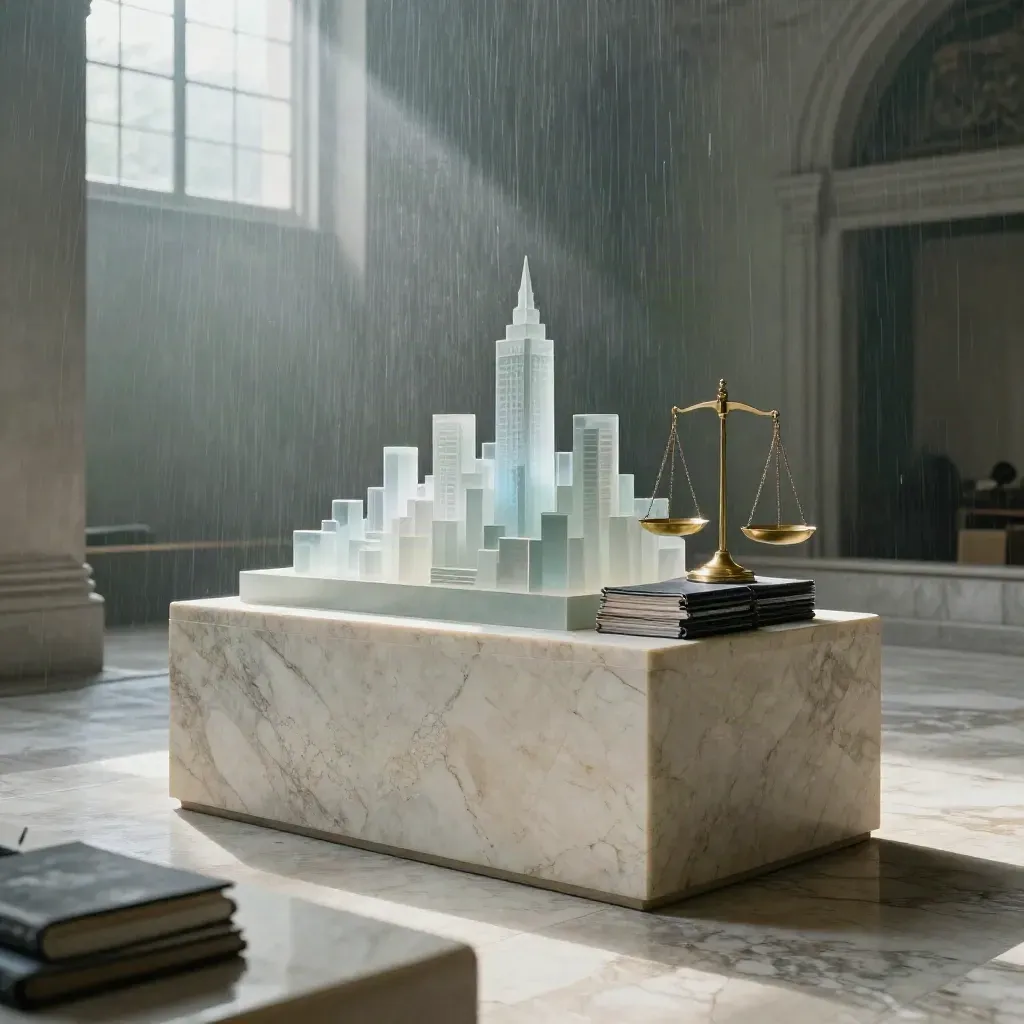 Scultura di consulenza con bilancia, binders e skyline in vetro su travertino, luce mattutina.