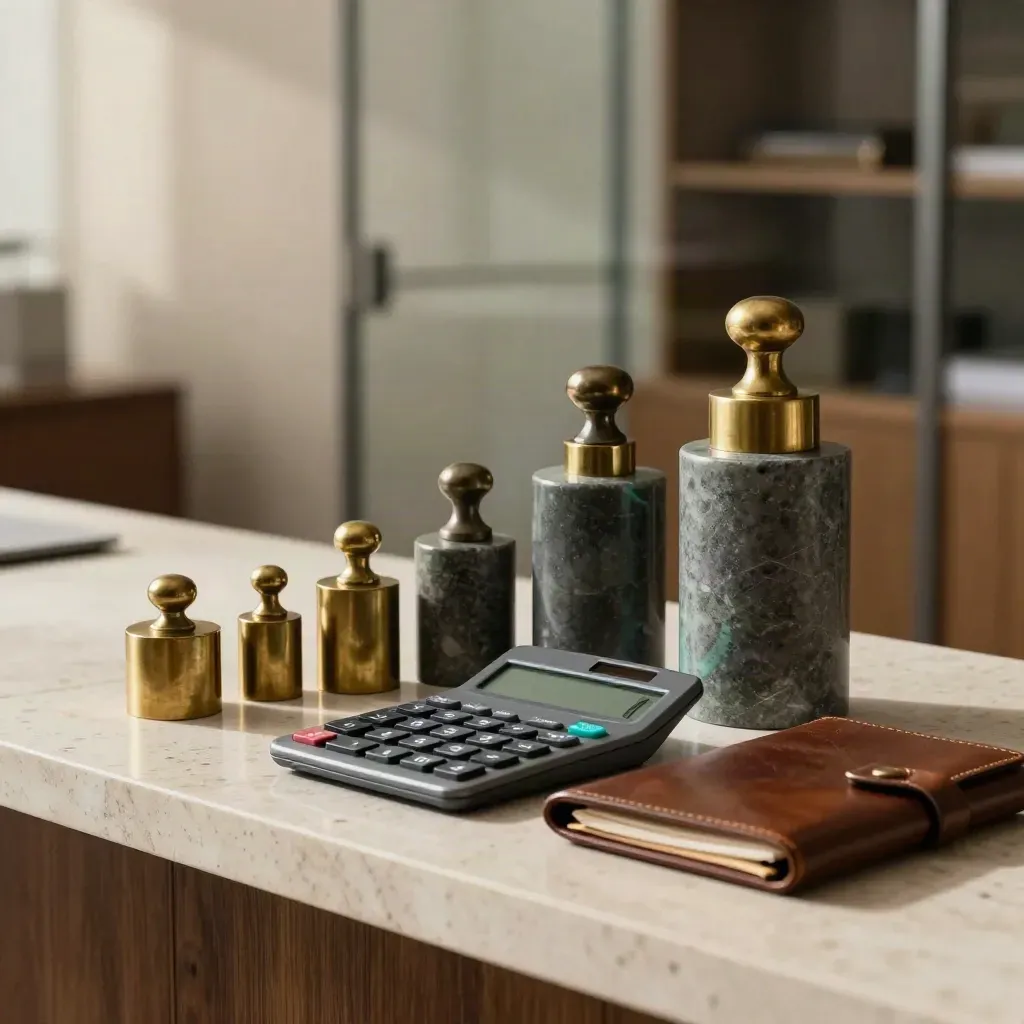 Pesi in ottone e pietra accanto a una calcolatrice e un portfolio su travertino.