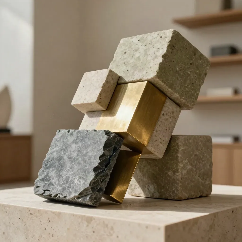 Blocchi di pietra e ardesia con divisore in ottone, luce calda e polvere sottile.