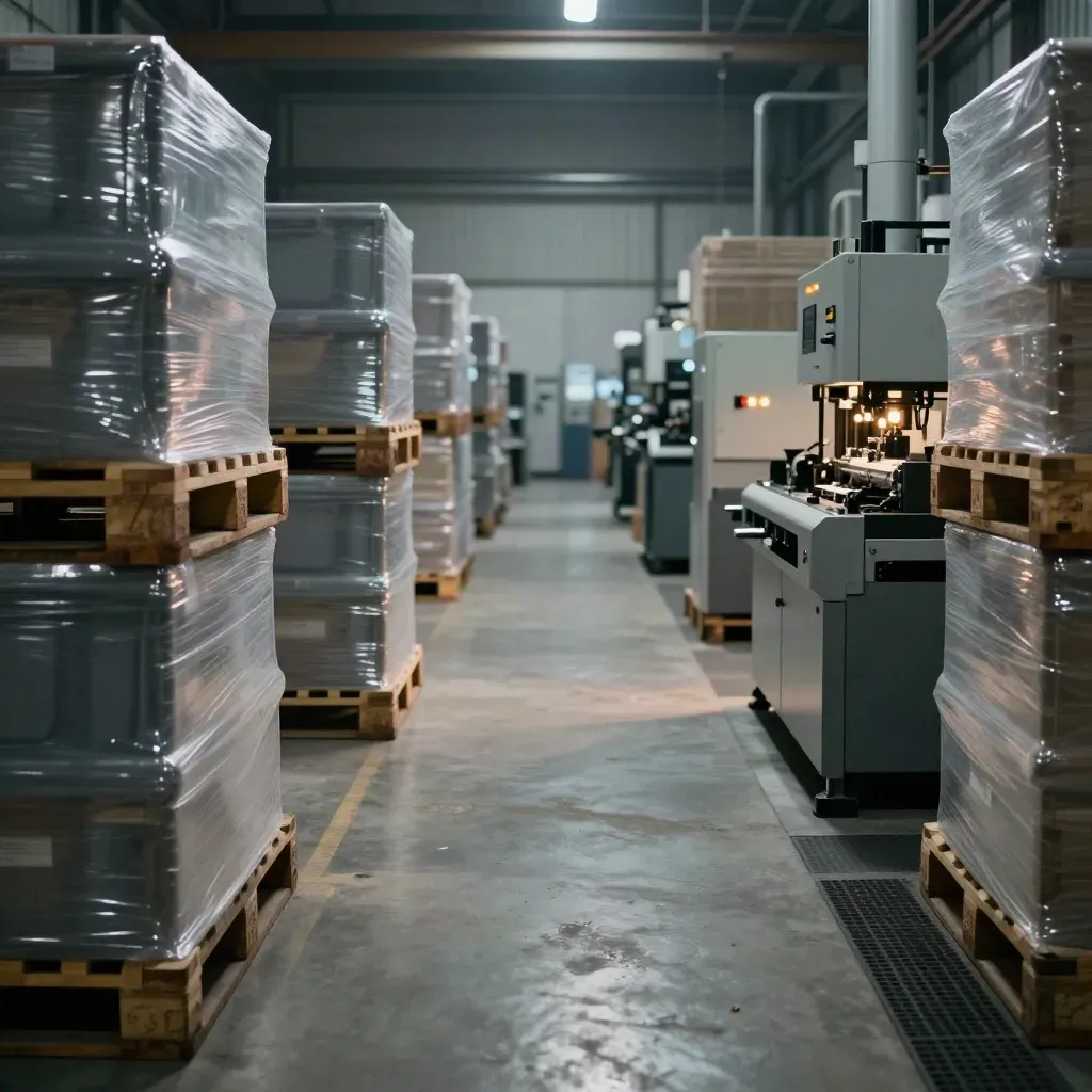 Capannone industriale ordinato con casse sigillate, corsie pallet e macchina in funzione.