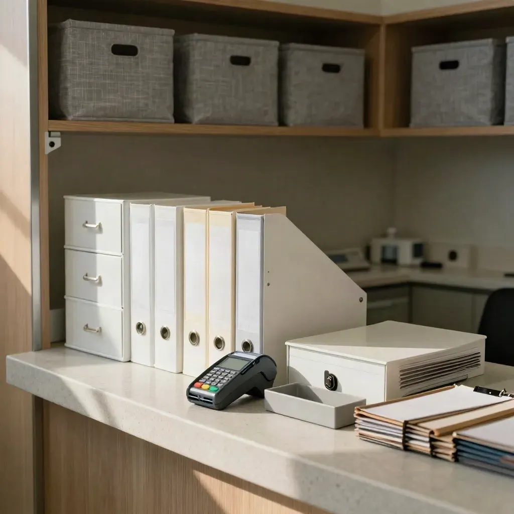 Bancone di studio medico con POS, cassetti sigillati e scatole archivio ordinate.