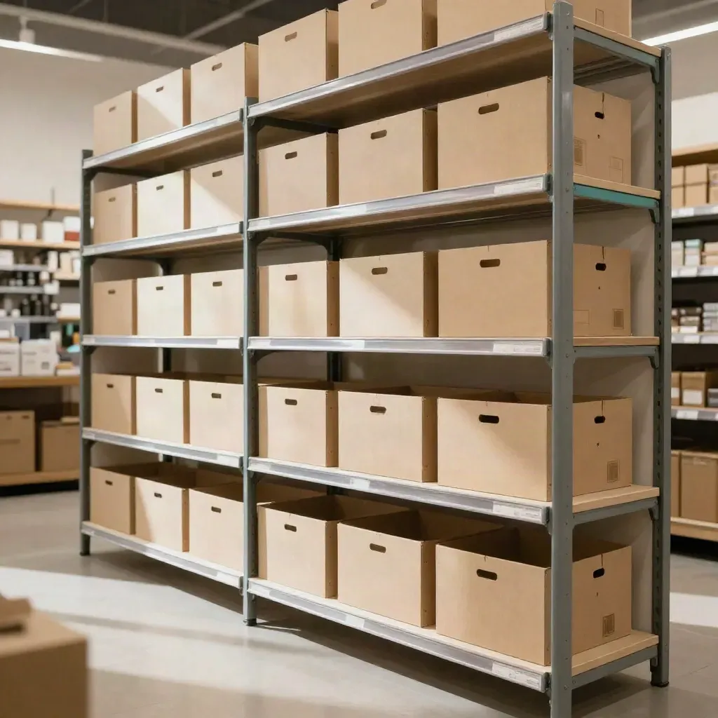 Scaffale retail ordinato con prodotti allineati e casse nascoste, luce calda e atmosfera premium.