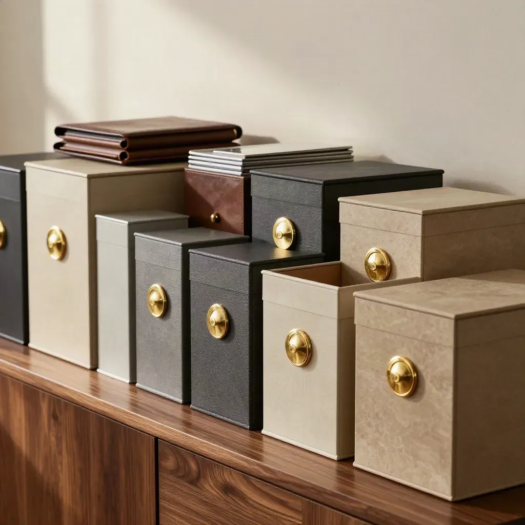 Scatole archivio sigillate su una credenza, con sigillo in ottone e divisori ordinati.