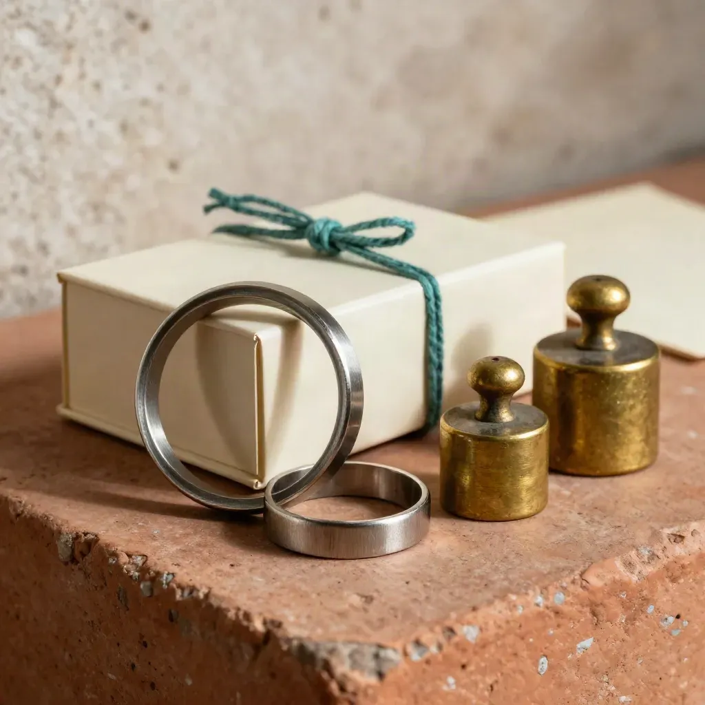 Anelli metallici, dossier sigillato e pesi in ottone su ledge in terracotta, luce morbida.