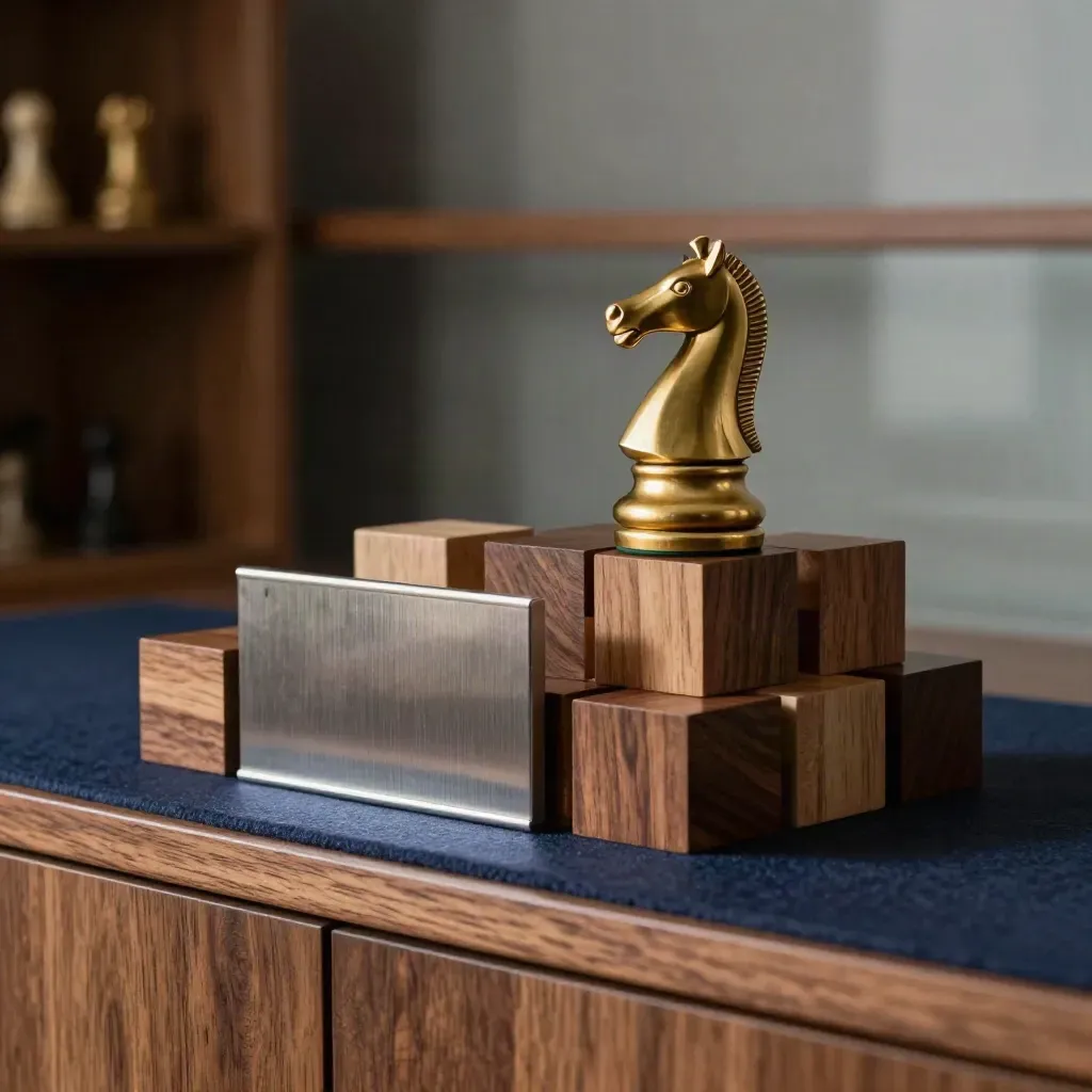Scultura di cubi strategici in legno, cavallo da scacchi in ottone e divisori metallici su credenza.