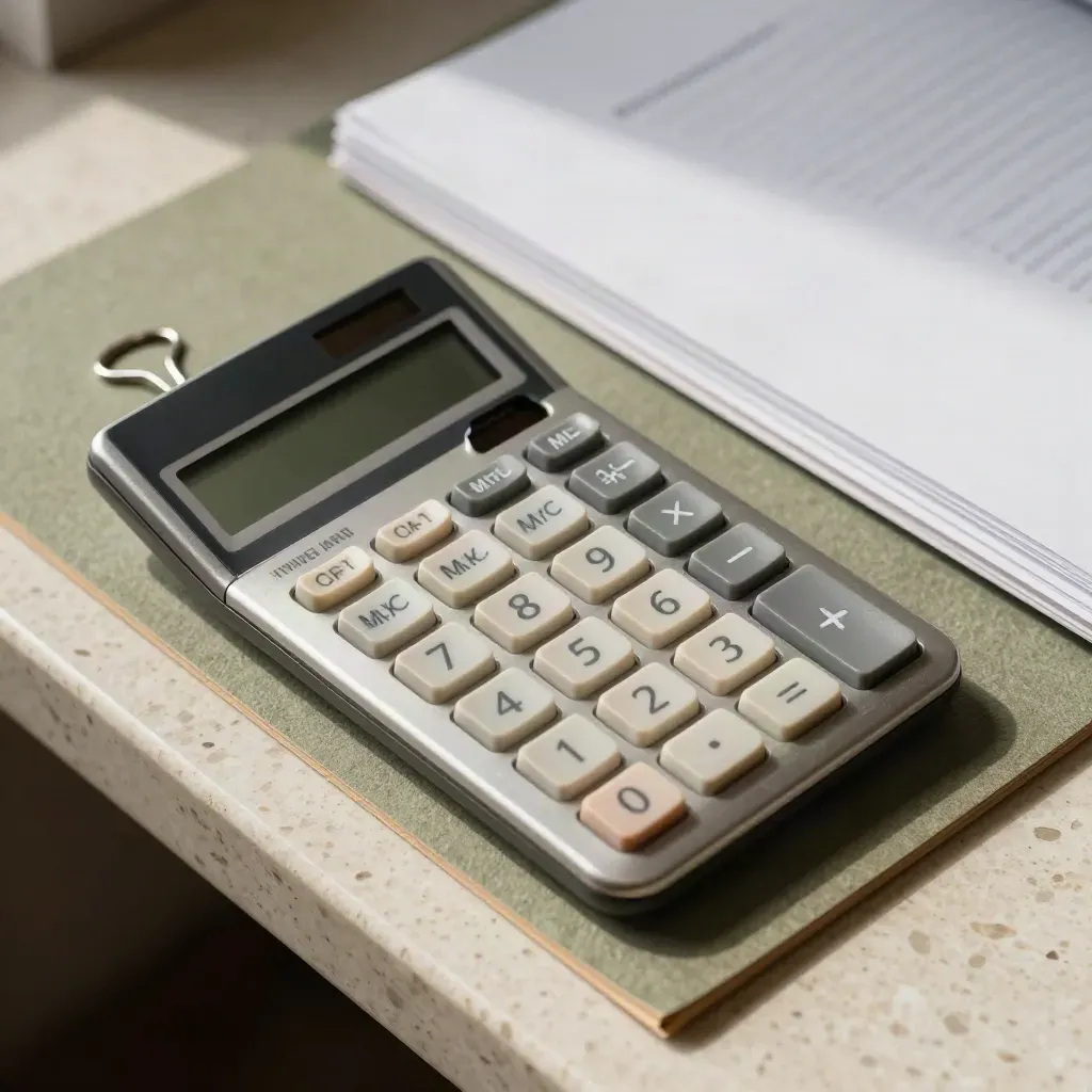 Strumenti di compliance ordinati su travertino: calcolatrice, timbri data, clip e tag archivio