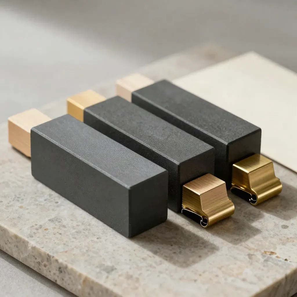 Piano operativo con blocchi, clip in ottone e distanziatori di legno su pietra chiara.