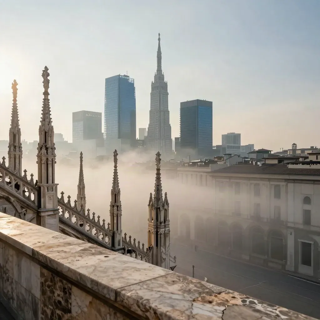 Skyline di Milano con Duomo e torri moderne tra nebbia mattutina su tetti chiari